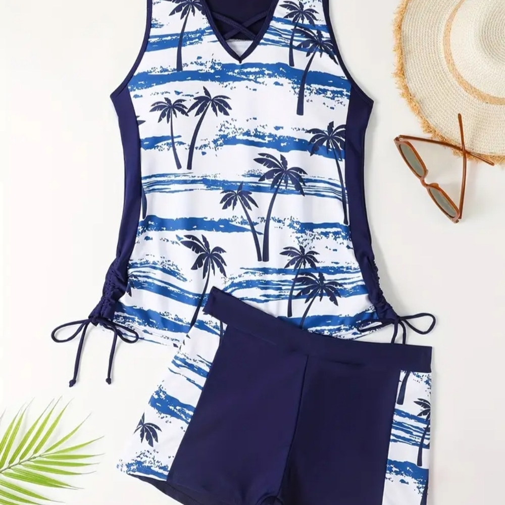 Women's Palm Tree Print Rashguard Set - Blue